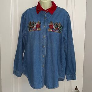 Vintage Bobbie Brooks blue denim chambray shirt with Christmas embroidery